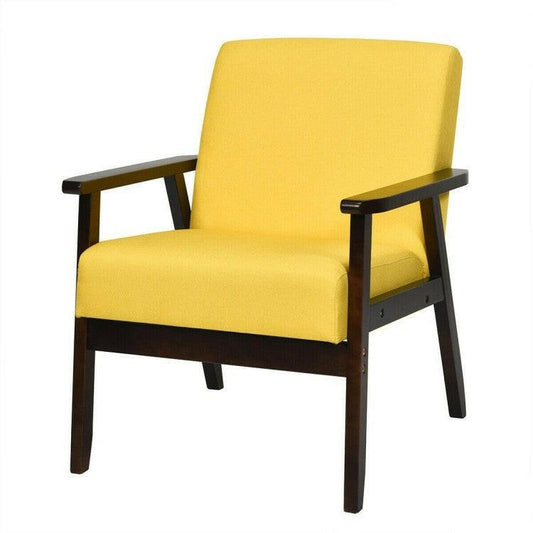 Retro Modern Classic Yellow Linen Wide Accent Chair with Espresso Wood Frame - FurniFindUSA