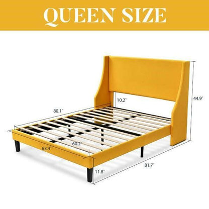 Queen Size Yellow Linen Blend Upholstered Platform Bed with Wingback Headboard - FurniFindUSA