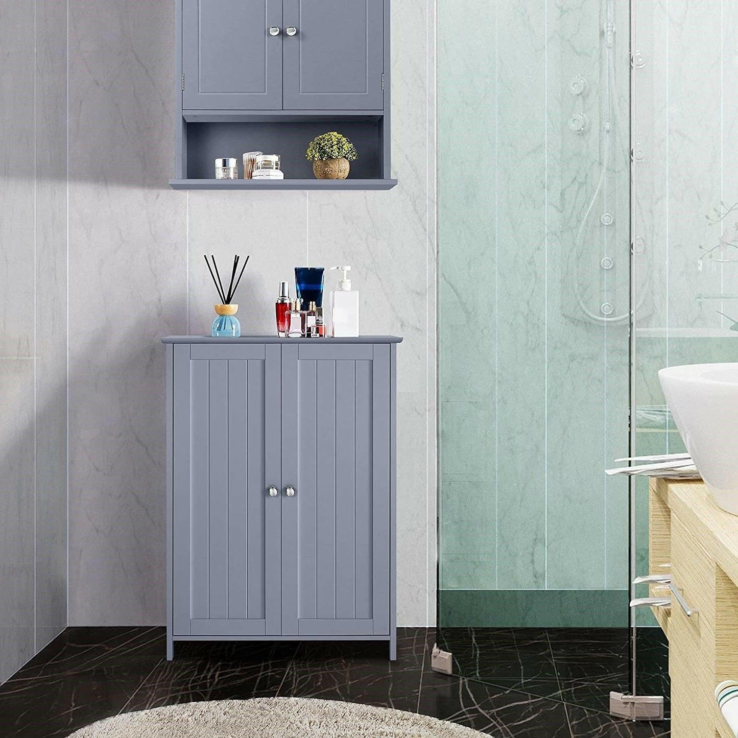 Gray Wood 2-Door Freestanding Bathroom Floor Cabinet Kitchen Storage Cupboard - FurniFindUSA