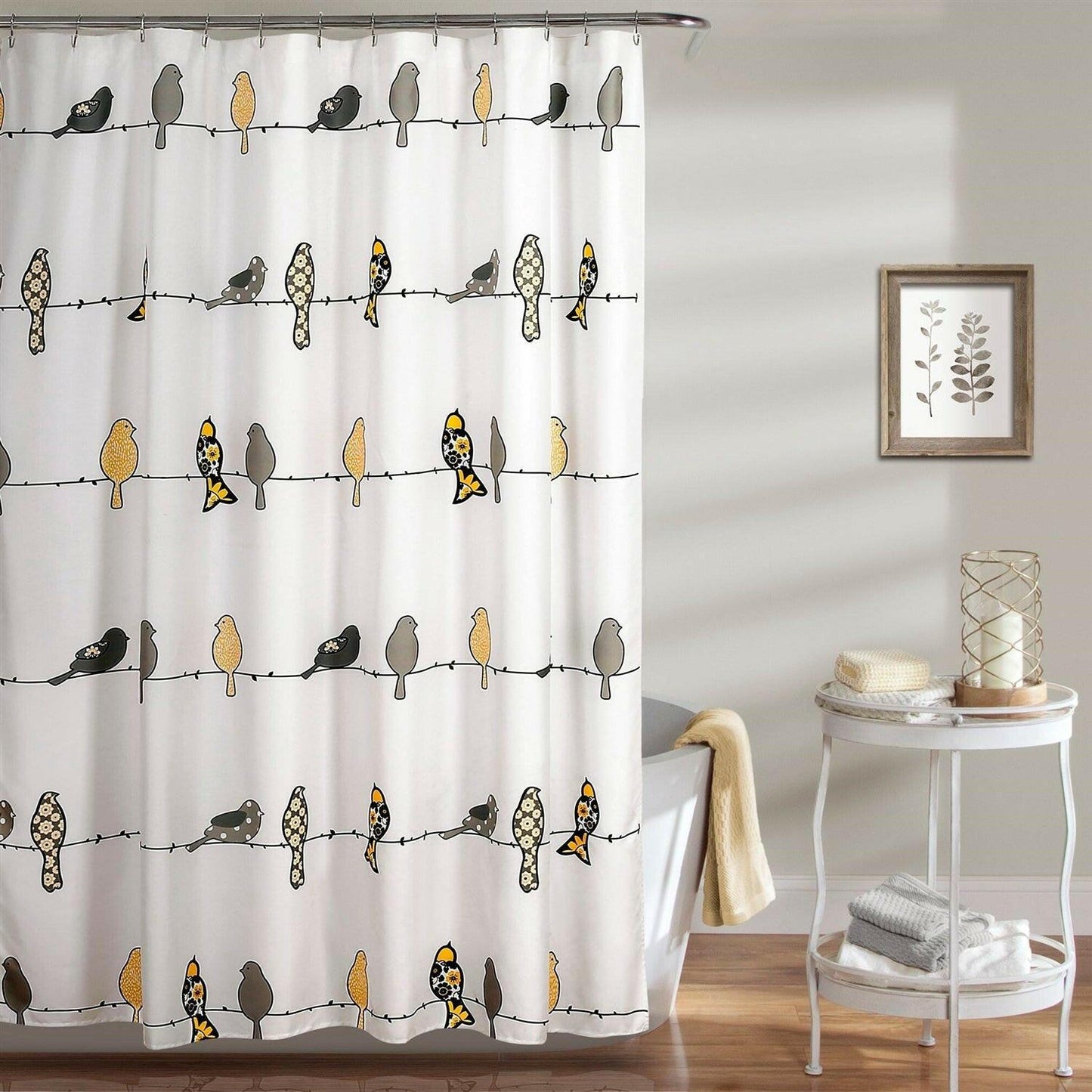 72 x 72 inch Yellow Grey Birds Floral Polyester Machine-Washable Shower Curtain - FurniFindUSA