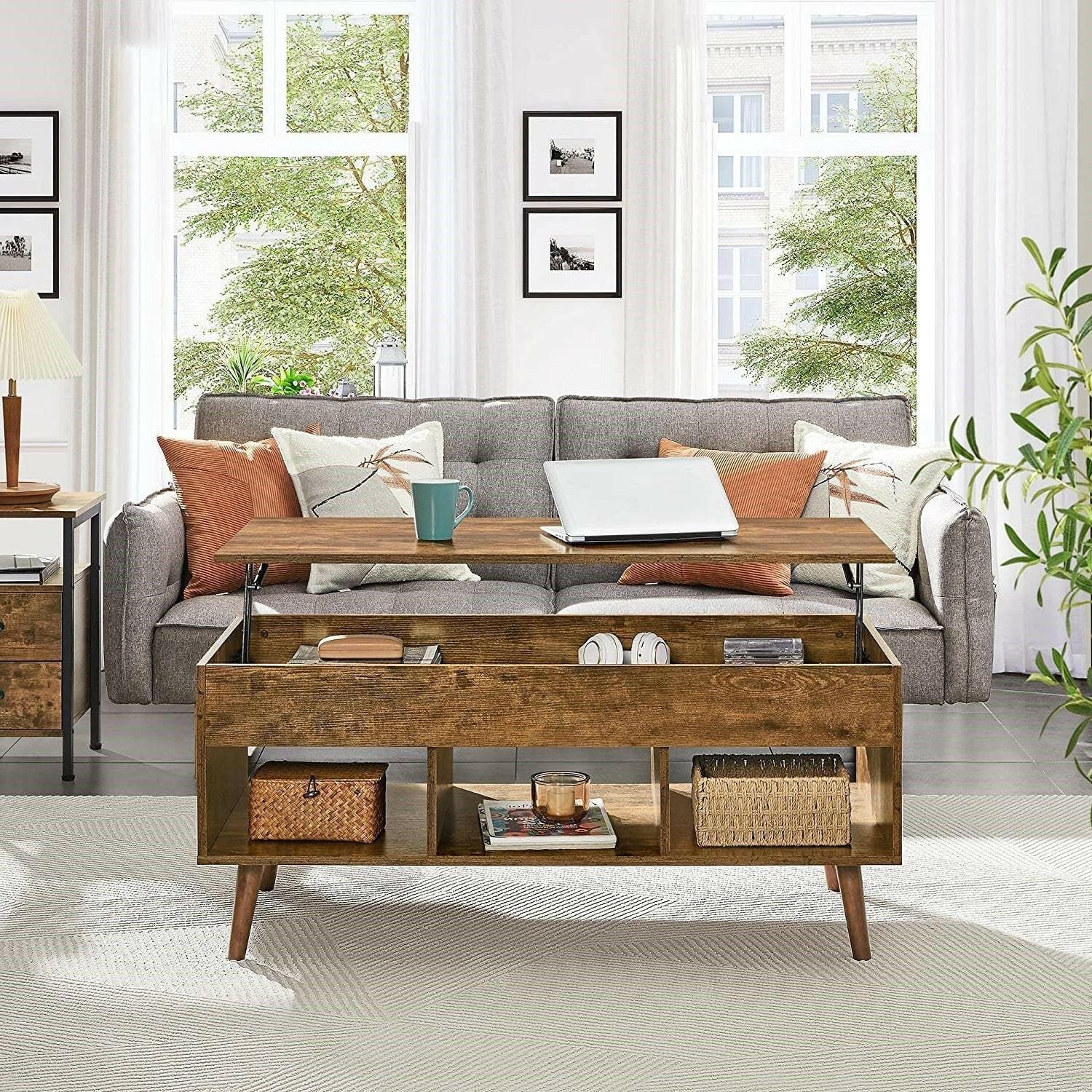 Mid-Century Lift-Top Coffee Table Sofa Laptop Desk in Rustic Brown Wood Finish - FurniFindUSA