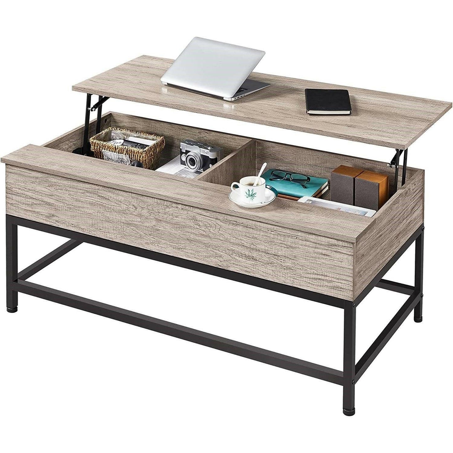 Modern Metal Wood Lift-Top Coffee Table Sofa Laptop Desk in Grey Wood Finish - FurniFindUSA