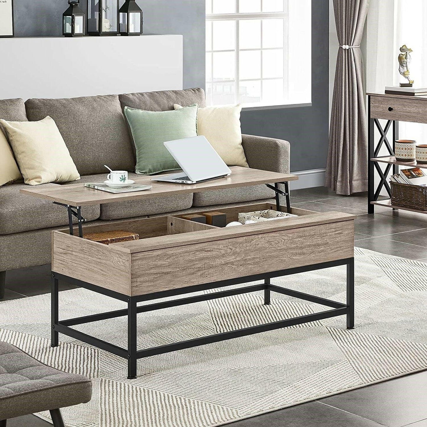 Modern Metal Wood Lift-Top Coffee Table Sofa Laptop Desk in Grey Wood Finish - FurniFindUSA