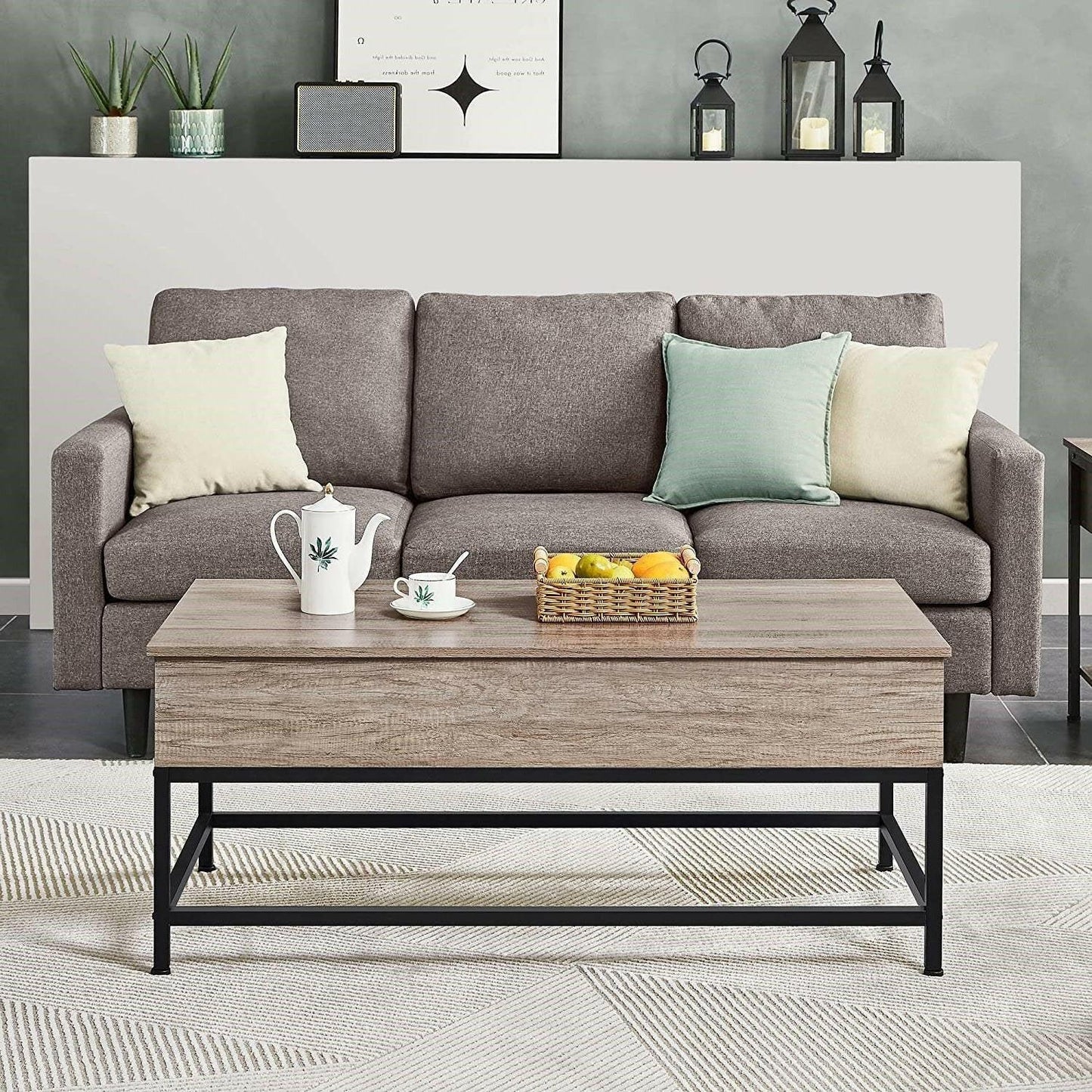 Modern Metal Wood Lift-Top Coffee Table Sofa Laptop Desk in Grey Wood Finish - FurniFindUSA