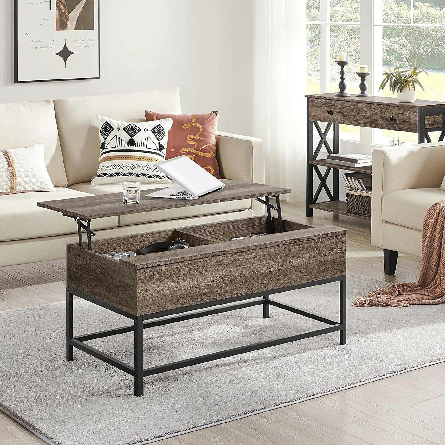 Modern Metal Lift Top Coffee Table Sofa Laptop Desk with Rustic Taupe Wood Top - FurniFindUSA