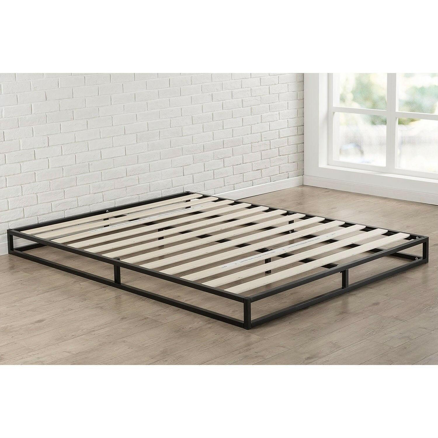 Queen size 6-inch Low Profile Metal Platform Bed Frame with Wooden Slats - FurniFindUSA