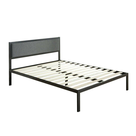 Full size Metal Platform Bed Frame with Wood Slats and Upholstered Headboard - FurniFindUSA