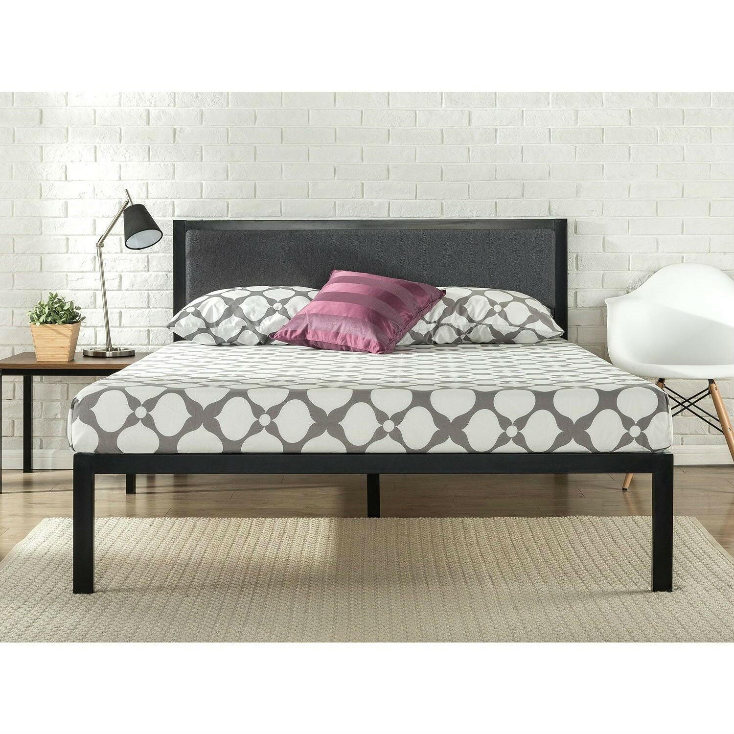 Full size Metal Platform Bed Frame with Wood Slats and Upholstered Headboard - FurniFindUSA