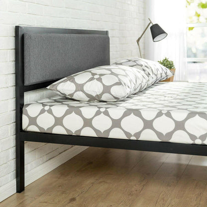 Full size Metal Platform Bed Frame with Wood Slats and Upholstered Headboard - FurniFindUSA