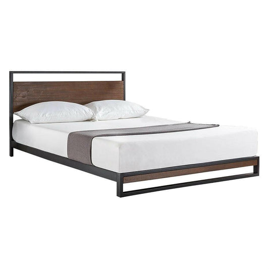 Full size Metal Wood Platform Bed Frame with Headboard - FurniFindUSA