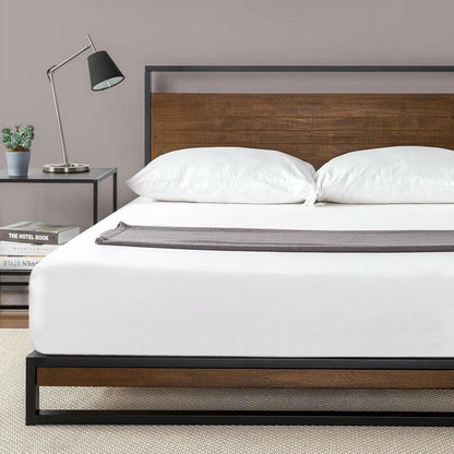 Full size Metal Wood Platform Bed Frame with Headboard - FurniFindUSA
