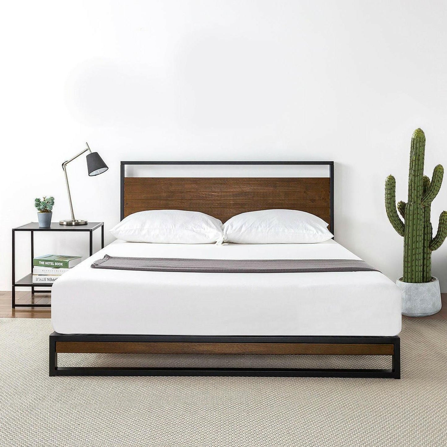 Full size Metal Wood Platform Bed Frame with Headboard - FurniFindUSA