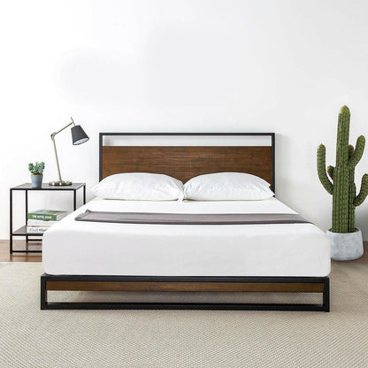 Queen size Metal Wood Platform Bed Frame with Headboard - FurniFindUSA