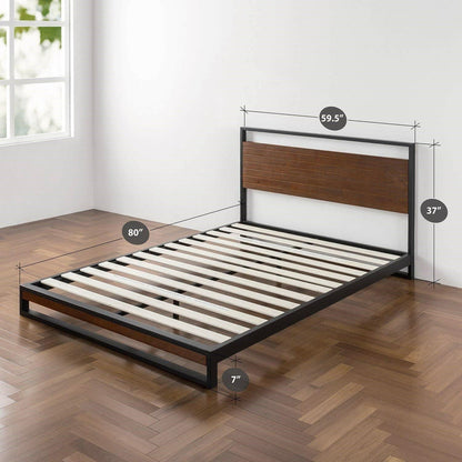 Queen size Metal Wood Platform Bed Frame with Headboard - FurniFindUSA