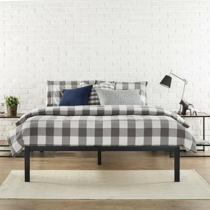 Full Size Modern Black Metal Platform Bed Frame with Wood Slats - FurniFindUSA