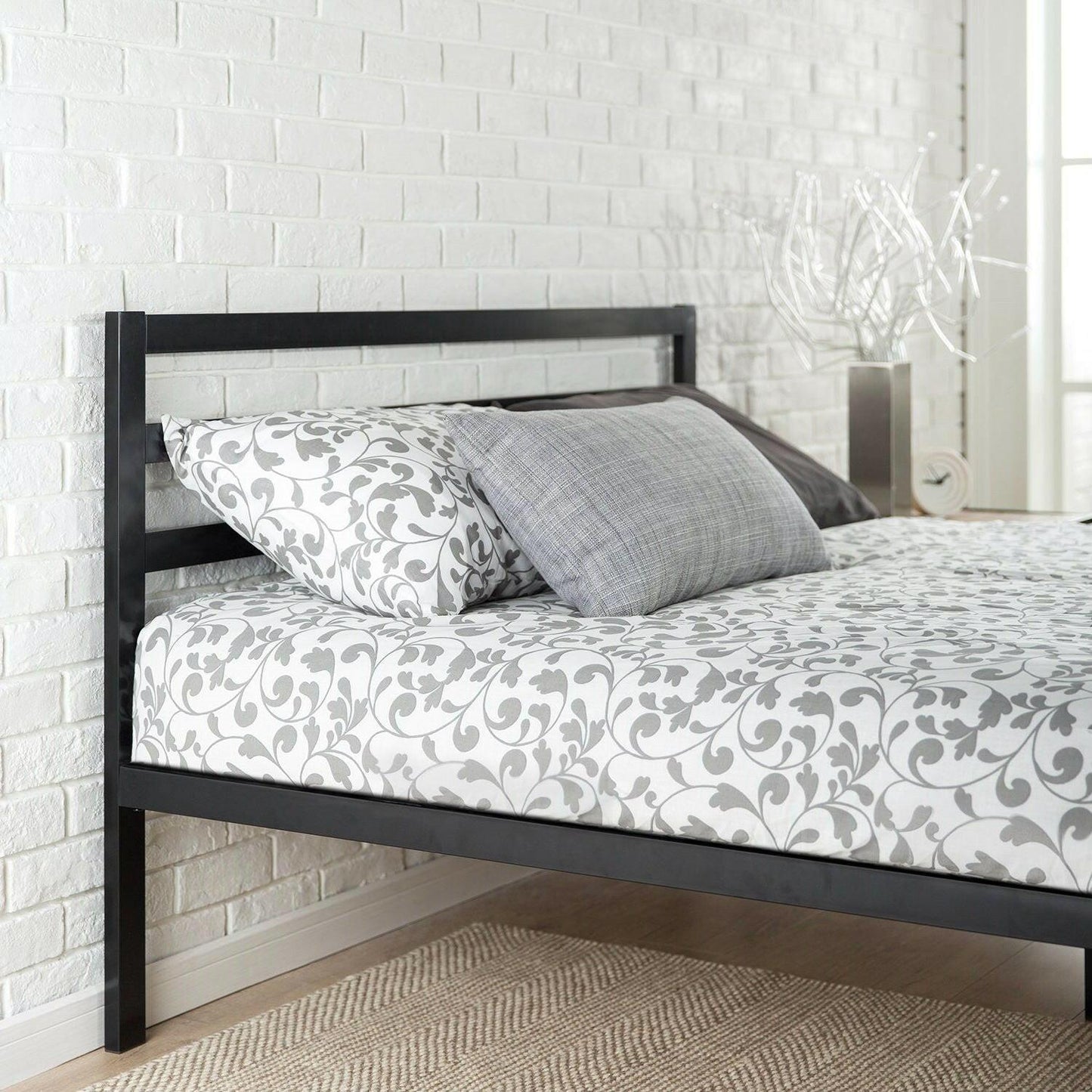 Twin Modern Metal Platform Bed Frame with Headboard and Wood Slats - FurniFindUSA