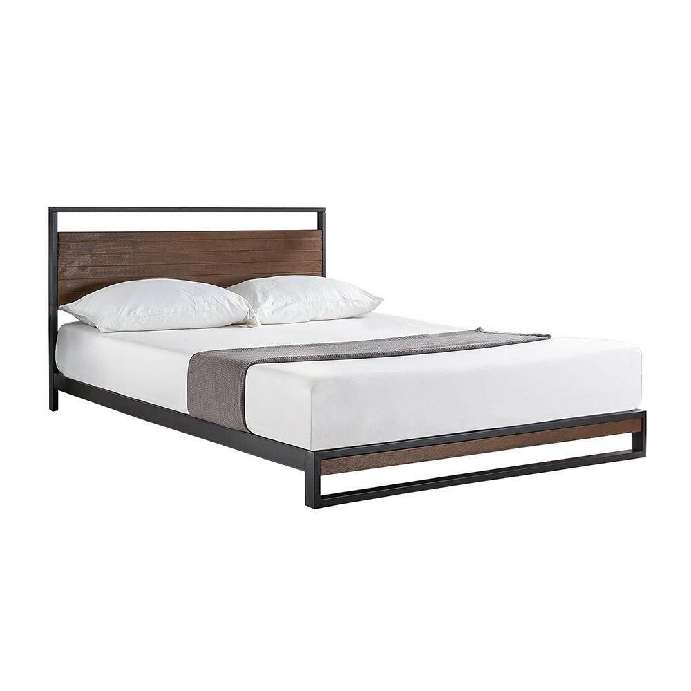 Twin size Metal Wood Platform Bed Frame with Headboard - FurniFindUSA