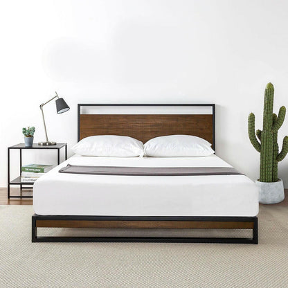 Twin size Metal Wood Platform Bed Frame with Headboard - FurniFindUSA