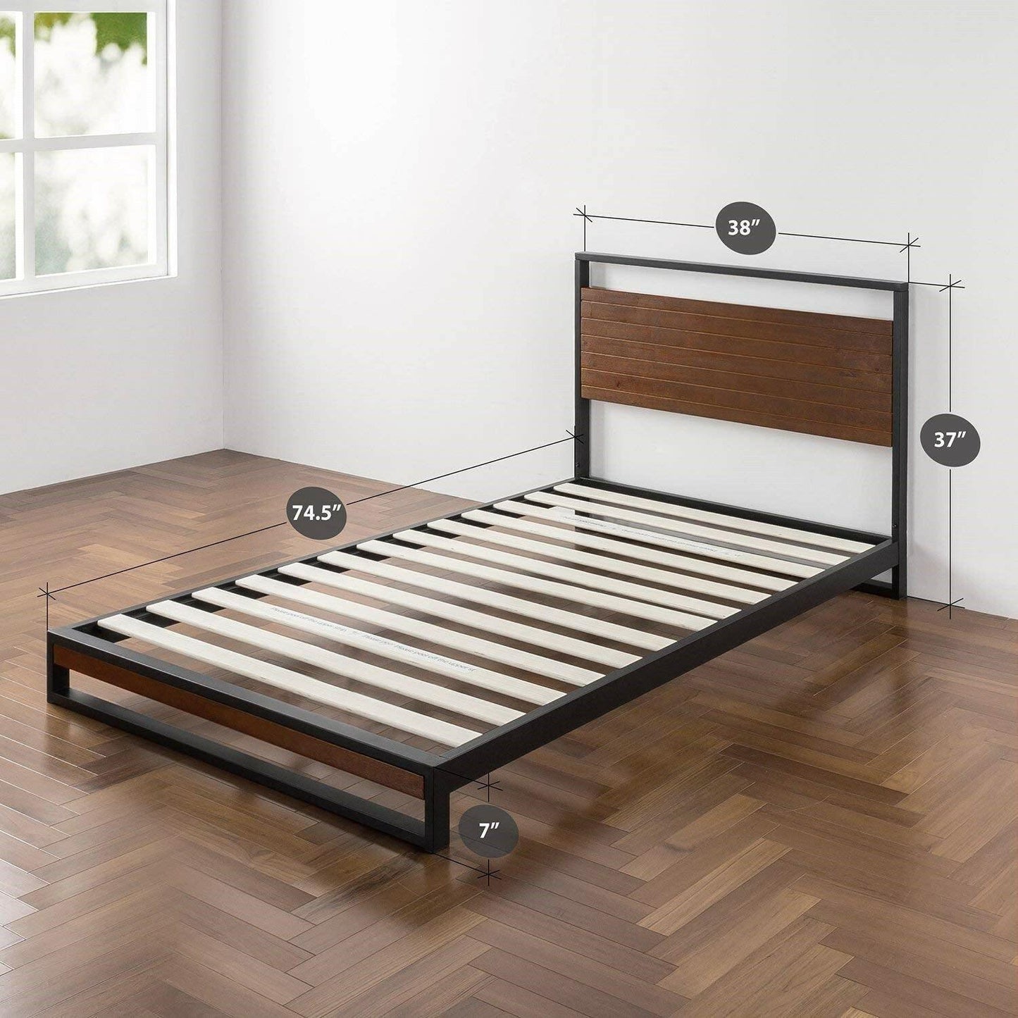 Twin size Metal Wood Platform Bed Frame with Headboard - FurniFindUSA