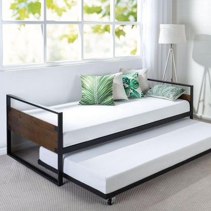 Twin size Metal Wood Daybed Frame with Roll Out Trundle Bed - FurniFindUSA
