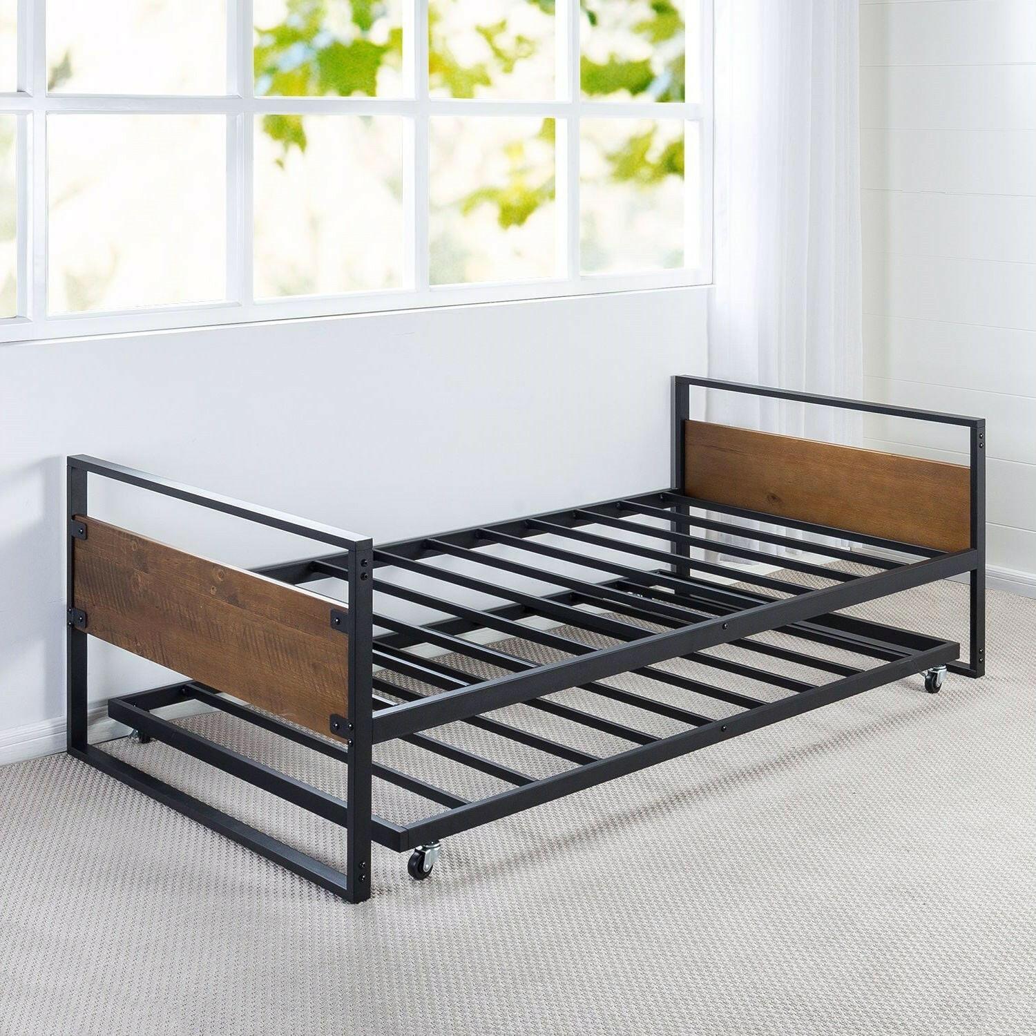 Twin size Metal Wood Daybed Frame with Roll Out Trundle Bed - FurniFindUSA