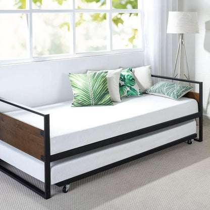 Twin size Metal Wood Daybed Frame with Roll Out Trundle Bed - FurniFindUSA