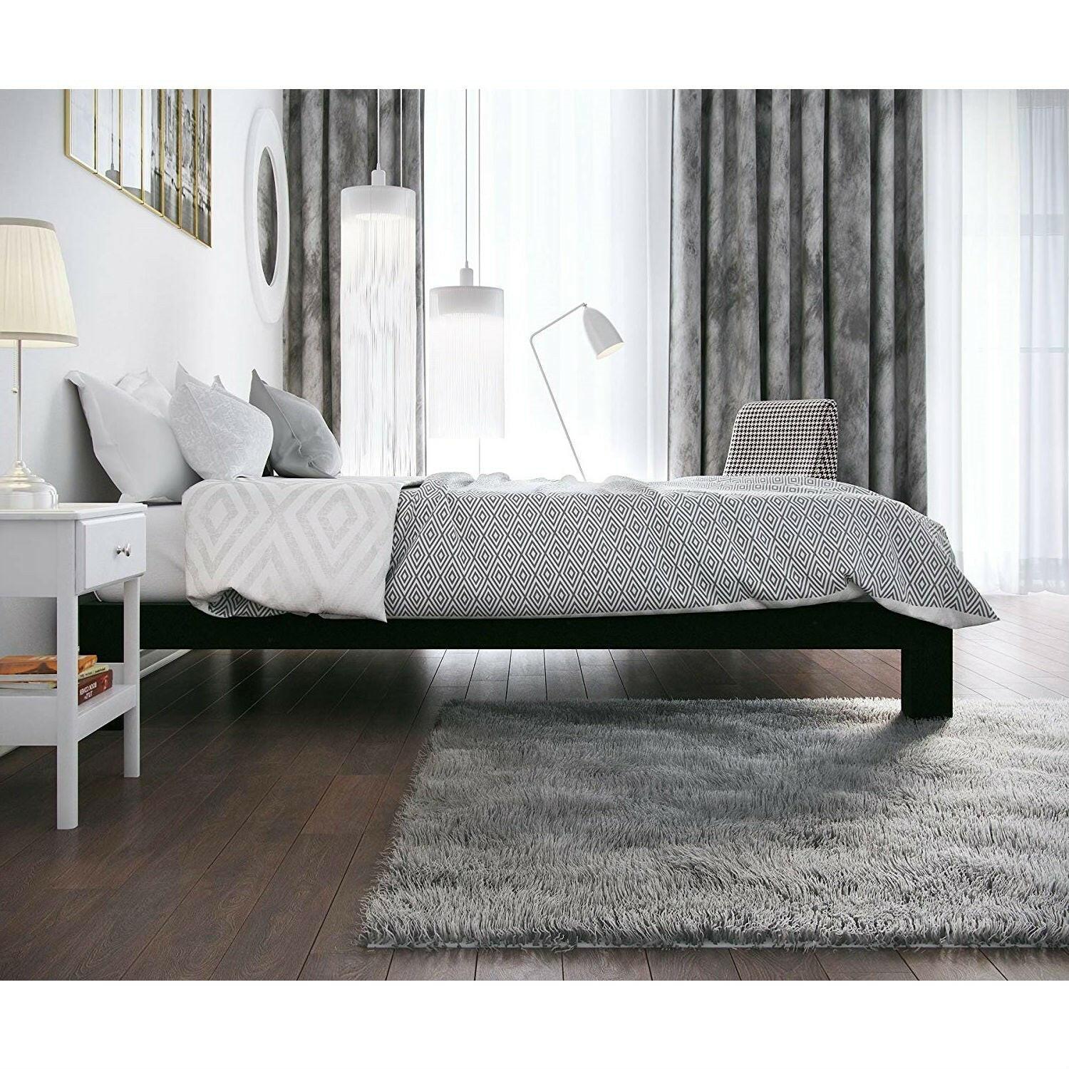 Queen Modern Black Metal Platform Bed Frame with Wood Slats - FurniFindUSA