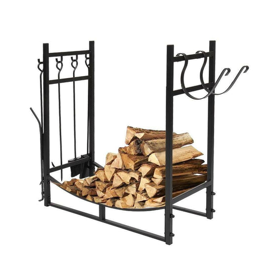 Black Metal Firewood Holder Log Rack with Poker Shovel Tongs and Broom - FurniFindUSA